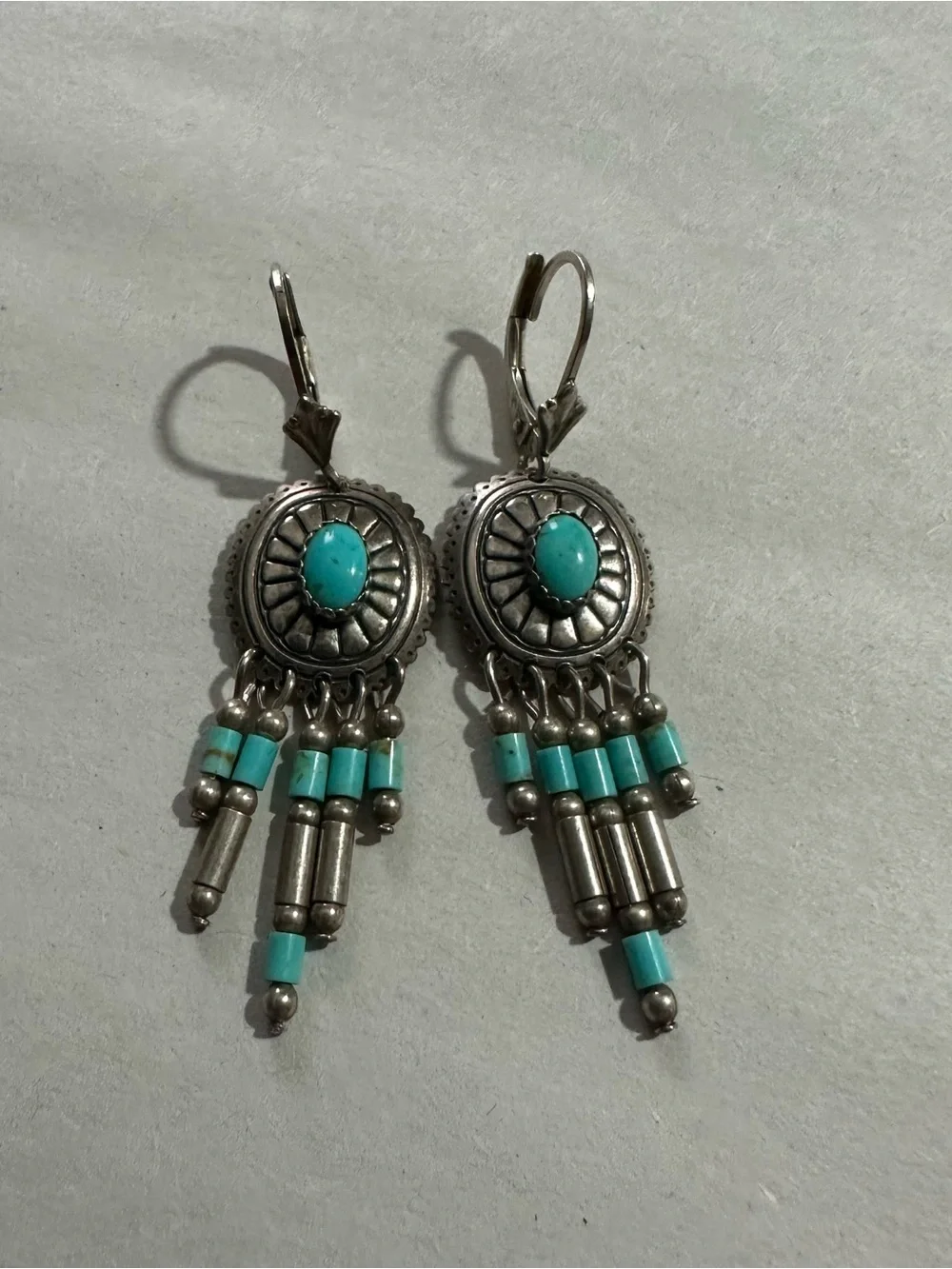 Vtg QT Southwest Sterling 925 Turquoise Dream Catcher Dangle Earring 2” Pierced
